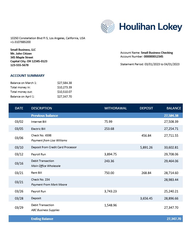 Houlihan Lokey Inc Bank company relevé de compte courant Modèle Word et PDF